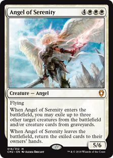 Angel of Serenity
 FlyingWhen Angel of Serenity enters the battlefield, you may exile up to three other target creatures from the battlefield and/or creature cards from graveyards.When Angel of Serenity leaves the battlefield, return the exiled cards to their owners' hands.